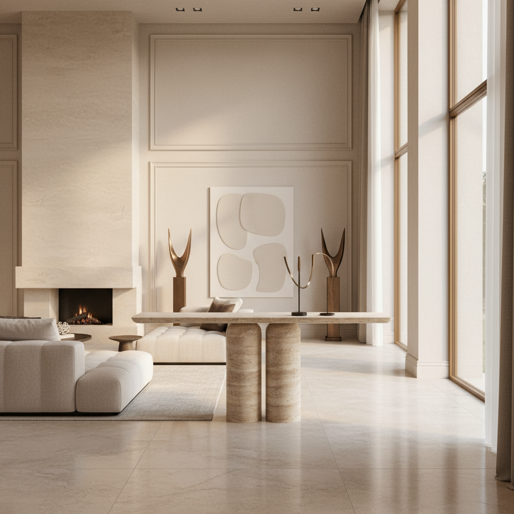 TRAVERTINE 2 PILLAR CONSOLE TABLE